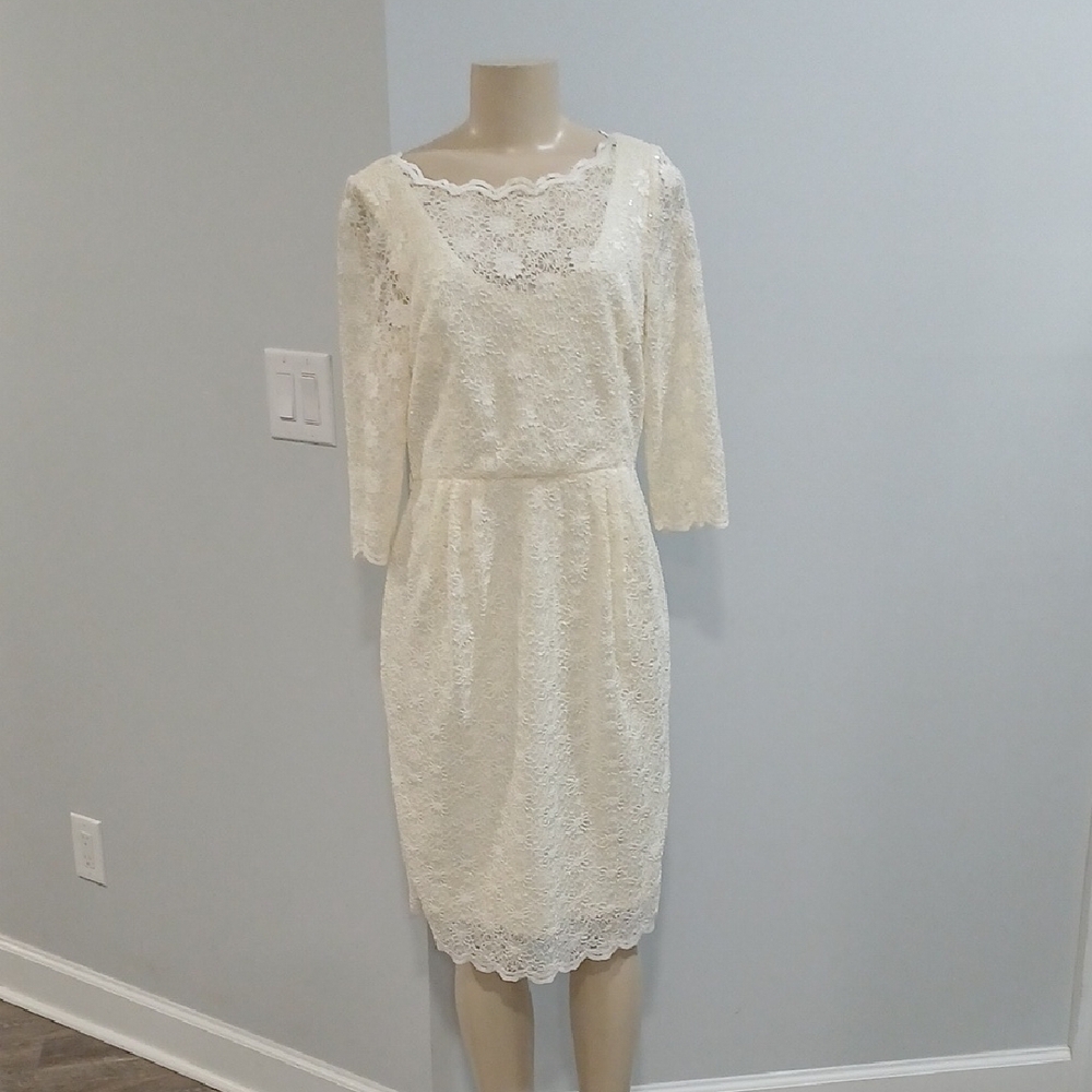 Alex Evenings Cream Sheath Dress with Bateau Neckline and Bishop Sleeves